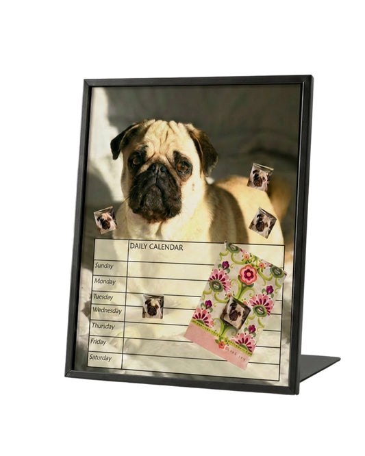 Metal & Glass Pug Desktop Organizer, Interchangeable Calendar, To-Do List, and Magnet Board with 5 Magnets, Luxury Pug Mom Gift