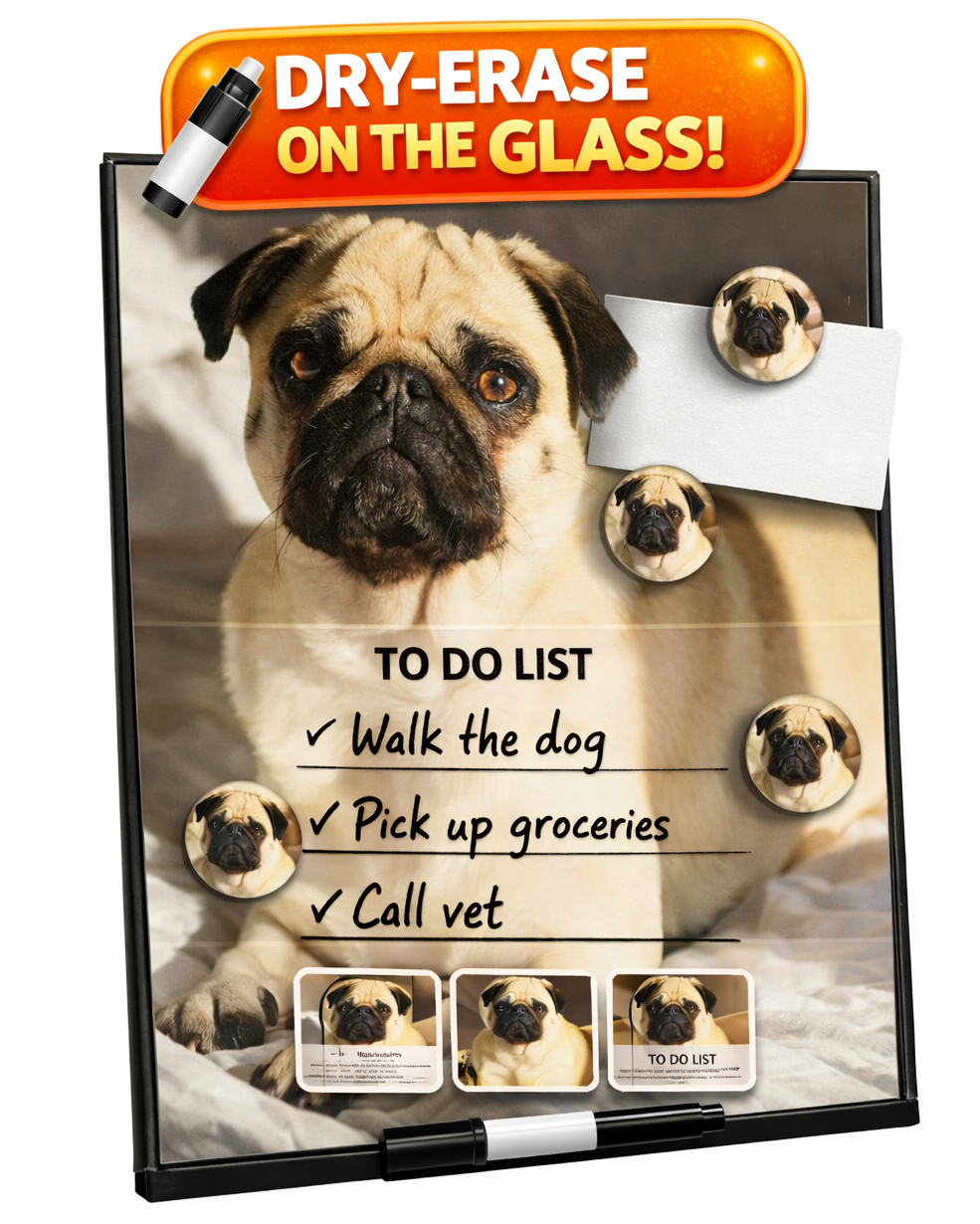 Metal & Glass Pug Desktop Organizer, Interchangeable Calendar, To-Do List, and Magnet Board with 5 Magnets, Luxury Pug Mom Gift